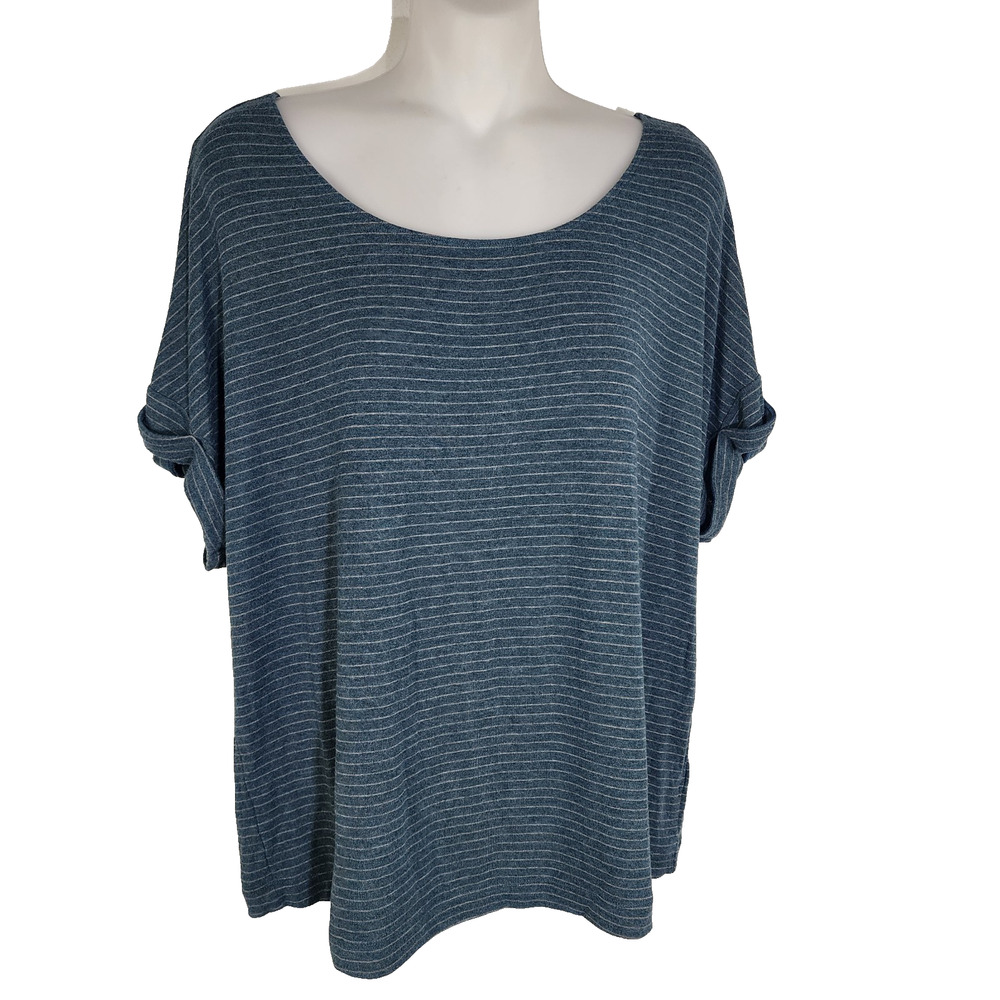 Cabi Womens Groove Tee Medium Striped Blue Cuffed Short Sleeve Knit Top 4008